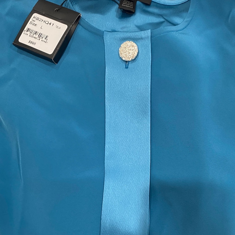 St. John Teal Satin Blouse with pants and with Button Detail